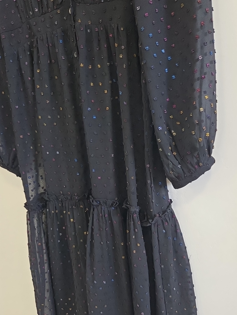 Anthropologie Audrey Clip Dot Black Textured Long-Sleeve Midi Dress - Picture 7 of 8
